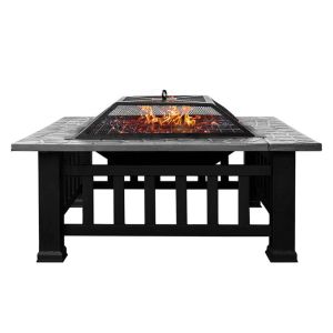 US stock Multifunctional Fire Pit Table 32in 3 in 1 Metal Square Patio Firepit Table BBQ Garden Stove with Spark Screen Cover Log Grate and Poker for a43 UI-JYL-3004-MBK