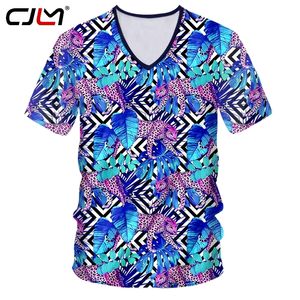 CJLM Fashion Stripes Men's Tee Shirt 3D Big Size Custom Printed Blue leaf leopard V Neck Tshirt Man Casual T-shirt 5XL 220619