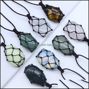 Anhänger Halsketten Heilkristall Oval Naturstein Weave Net Bag Charms Grün Rosa Opal Seil Kette Halskette Baby Dhdvw