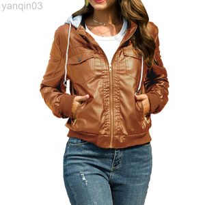 New Women Faux Leather Jacket Pu Motorcycle Hooded Hat Detachable Bomber Coat Casual Leather Plus Size 5xl Punk Outerwear L220801