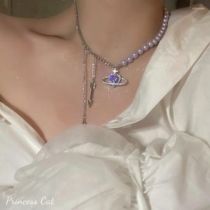 Pendant Necklaces Purple Crystal Heart Shape Universe Necklace For Women Exquisite Pearl String Beads Chain Choker Party JewelryPendant Sidn