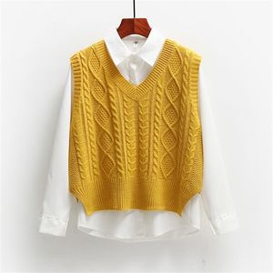 Knitted Vest Women Autumn Casual Solid V-neck Pullover Sleeveless Sweater Fashion Sweet Female Loose Short Waistcoat Sweater 201222