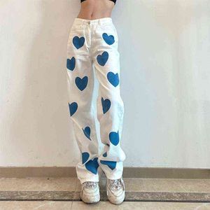 Kobiety HARAJUKU WYSOKIE WILY BIAŁE DIANS Blue Heart Print Contrast Kolor Dżinsowe spodnie swobodne luźne spodnie nóg L220726