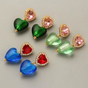 Dangle & Chandelier Colorful Glass Heart-Shaped Gem Earrings Blue Pink Niche Temperament EarringsDangle