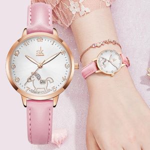 Wristwatches Lovely Pink Genuine Leather Women Watches Fashion Casual Rhinstone Cute Horse Pattern Girls Clock Luminous Hand Student HourWri