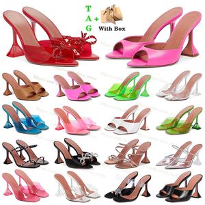 Med Box Womens Amina Muaddi Sandals Fashion Vogue Ladies High Heels Summers Beach Spool Heel Casual Dress Shoes Crystal Diamond Slippers Famous Designer Sandalias