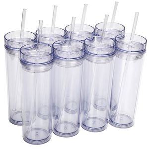 USA Local Warehouse 16oz doppelwandiger, transparenter Acrylbecher mit Deckel und Strohhalm, 480 ml, gerader schmaler Plastikbecher für Schneekugel, BPA-freie Trinkflasche