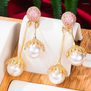 Chandeleiro Dangle Missvikki Luxo Luxo Rounos de Pearlos Redondos para Mulheres Crystal Crystal CZ Dubai Jóias de moda de noiva