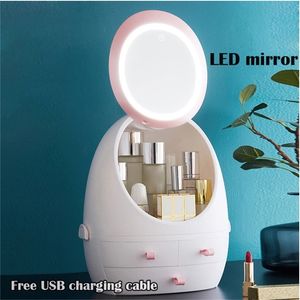 USB Rechargeable Makeup Organizer Case Cosmetic Storage Box Jewelry Container Dust Proof Drawer Waterproof Mirror LED Light 210309