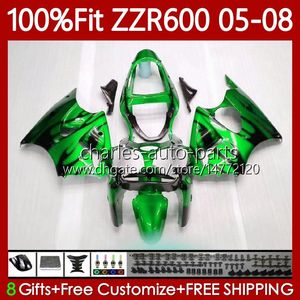 Green flames 100% Fit Fairings For KAWASAKI NINJA 600CC ZZR-600 600 CC 2005-2008 Bodywork 134No.89 ZZR600 05 06 07 08 ZZR 600 2005 2006 2007 2008 Injection Mold Body Kit