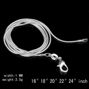 100 Promotions pcs 925 Sterling Silver Smooth Snake Chain Necklace Lobster Clasps Chain Jewelry Size 1mm 16inch 24inch