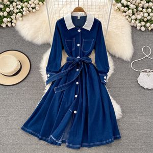 New Autumn Button Casual Solid Slim Lady Dress A Line Polo Collar Chiffon Single Breasted Mid-Calf Women Dresses 2022