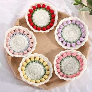 Knitting Flower Design Cup Coaster Pad High Temperature Resistance Fabric Placemat Cup Mat Table Decor Kitchen Tools