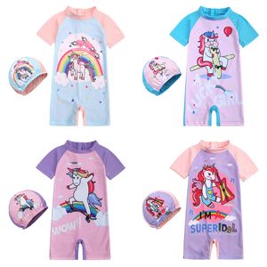 Baby Kids Boy and Girls Costume da bagno Abbigliamento Costume intero da bagno estivo Dinosauri Squalo Stampa unicorno Costumi da bagno da spiaggia con cappello 14 stili M4105