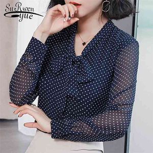 Mode Frauen Bluse Bogen Kragen Büro Bluse Frauen Tops Dot Print Chiffon Bluse Shirt Langarm Frauen Shirt Blusas 1864 50 210401