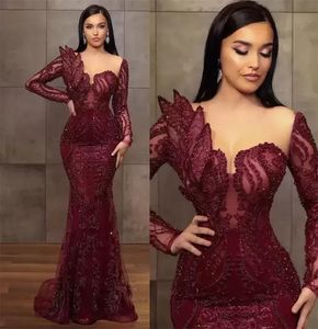 2022 Gorgeous Burgundy Beaded Evening Dresses Mermaid Sheer Neck Prom Dress Long Sleeves Formal Party Second Gowns Arabic Aso Ebi Major BC12326