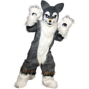 Performance Gray Long Fur Husky Dog Mascot Costumes Halloween Christmas Cartoon Character Outfits Suit Advertising Carnival Unisex Adults Outfit