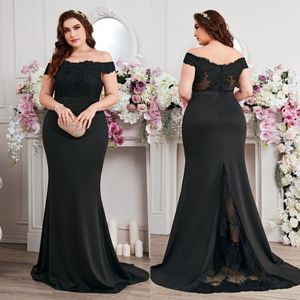 Black Lace Mermaid Plus Size Prom Dresses For Special Occasion Off The Shoulder Neck Evening Gowns Sweep Train Appliqued Formal Dress