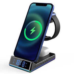 5 in 1 Wireless Chargers Magnetic Charging Station 15W Fast Wireless Charger with Alarm Clock RGB Light Compatible for iPhone 13 12 SE 11 XS 8 AirPods Watch Samsung