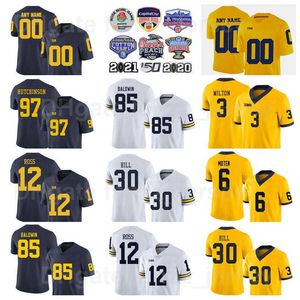 NCAA College Michigan Wolverines 85 Daylen Baldwin Jerseys Men Football 12 Josh Ross 30 Daxton Hill 6 RJ Moten 97 Aidan Hutchinson 3 Joe Milton Yellow White Navy Blue