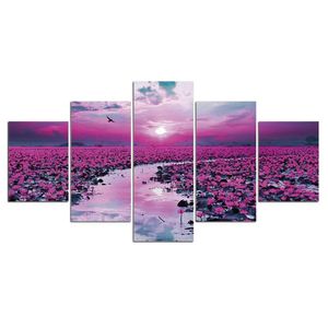 5 Pcs Dreamy Purple Lotus Flower Pond Canvas Pictures Print Wall Art Canvas Paintings Wall Decorations for Living Room Unframe