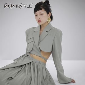 TWOTYLE Sexy Asymmetrical Blazer Women Notched Long Sleeve Slim Waistless Short Irregular Tops Female Clothing Fashion LJ201021