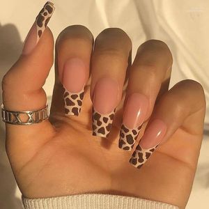 False unhas 24pcs leopardo caixão longo com designs bailarina vestível acrílico falsa capa completa prensa em dicas de unhas acessório prud22