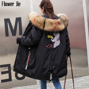 Winter Parkas Frauen Stickerei Mit Kapuze Pelz Kragen Lose Lange Mantel Mujer Dicke Warme Casual Mantel Mode Schwarze Jacke 201210