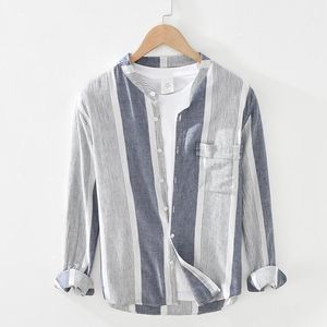 Männer Casual Hemden 2022 Stil Lange-ärmeln Stehkragen Gestreiften Leinen Hemd Männer Mode Marke Für Camisa Chemise Tops herren