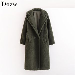 여자 두껍게 따뜻한 양털 재킷 겨울 겨울 솔리드 슬리브 캐주얼 롱 코트 소녀 군대 녹색 느슨한 테디 코트 레이디 manteau femme 210414