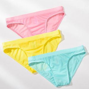 Unterhosen Männer Unterwäsche Eis Seide Einfarbig Slips Sexy Transparent Seidig Schnell Trocknend U Bulge Pouch Höschen Niedrige Taille Männlich cuecaUnderpants