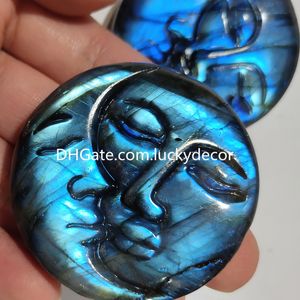 Labradorite naturale Statua viso sole e luna Regali di guarigione Reiki Splendido cristallo di quarzo intagliato Collezione di campioni minerali Decorazione domestica Circa 2 