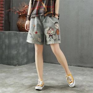 Kvinnor sommar Kawaii denim shorts korea stil vintage elastisk midja tecknad tryckt broderi bred ben kontor plus storlek 4xl 220419