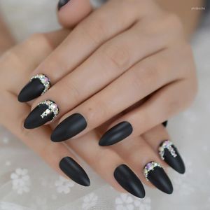 Fałszywe paznokcie czarne dostosowane rhinestone fałszywe paznokcie matowe sztylet mody