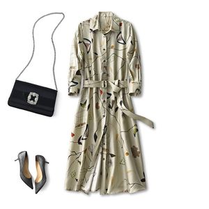 Casual Dresses Shirt Dress Silk Spandex Vintage Straight Sashes Mid Calf Spring Autumn Print Poplin Womens Formal