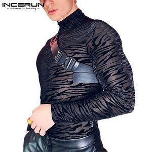 Män mesh t-shirt Turtleneck långärmad, se genomtryck casual sexiga tee toppar fest nattklubb Streetwear camisetas incerun 220407