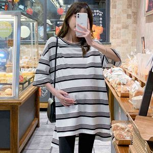 Sommarsammanhang Moderskapsklänning Kort ärm Oneck Block Färg Stripe Fashion Gravid Woman Dress Oregelbundet J220628