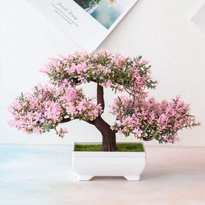 Dekorativa blommor kransar små bonsai träd konstgjorda växter krukväxter för hemrum bordsskrivbordsdekoration falsk växt trädgård