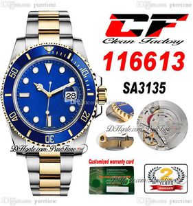 Clean Factory CF 116613 SA3135 Relógio masculino automático em dois tons, ouro amarelo, moldura de cerâmica, mostrador azul, 904L, pulseira de aço Oystersteel, super edição, relógios Puretime b2