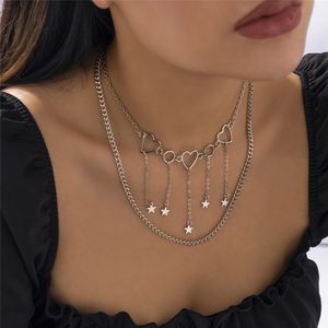 Vintage Boho Love Heart Pendant Necklace For Women Multilayer Star Tassel Clavicle Chain Choker Female Accessories smycken gåva