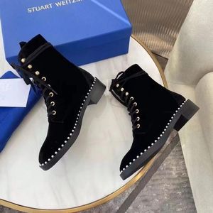 럭셔리 디자이너 겨울 장식 Sondra Ankle Boots Patent Leather Pearl Block Heels Black Combat Booty Wedding Party EU35-40 Box