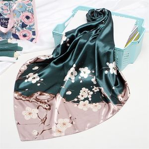 Fashion Silk Satin Women Hair Scarf Floral Print Handkerchief Shawls and Wraps Hijab Scarfs Female 90*90cm Neck Scarves For Lady 220516