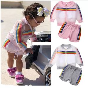 Barn Rainbow Stripe Coat + Vest + Shorts 3st Set Kids Designer Kläder Tjejer Utomhus Sport Outfits 2021 Sommar Barnkläder