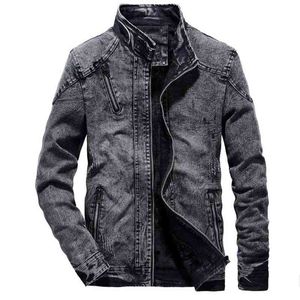 Demin Jacket Men秋冬ヴィンテージジーンズコートカジュアルスタンド襟フリースアウターウェアスリムフィットブルーブラックロングスリーブジャケット