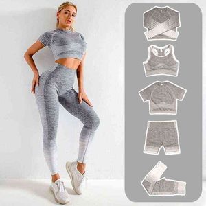 Piece Women Sexy Yoga Suit Seamless Ladies Athletics Wear Fashion Short Sleeve Shorts Plus Size Leggings Set J220706