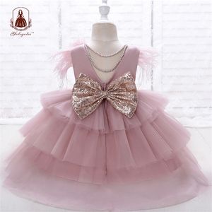 Yoliyolei Tiered Layers Tulle Dress Girl Gown Pearls Necklace V Back Design Flower Girl Wedding Clothes for Children Casual 220707