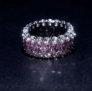 Iced Out 360 Eternity Silver Pink Bling Rings Micro Pave Cubic Zirconia 14K Weißgold plattierter Hip-Hop-Ring mit Geschenkbox