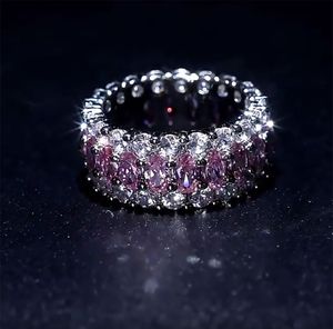 Iced Out 360 Eternity Silver Pink Bling Rings Micro Pave Cubic Zirconia 14K White Gold Plated Hip hop Ring with gift box