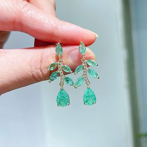 Earrings Green Leaf Earrings burst crystal golden zirconium Dangle & Chandelier inlaid Korean luxury inlay Designer Jewelry Women couple Wedding
