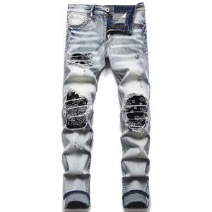 Jeans da uomo Uomo Paisley Bandana Stampa Patch Streetwear Patchwork Fori Strappati Pantaloni in denim elasticizzato Pantaloni slim dritti da motociclistaUomo